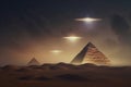 UFO above pyramids in desert during night time. Generative AI Royalty Free Stock Photo