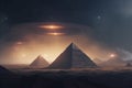 UFO above pyramids in desert during night time. Generative AI Royalty Free Stock Photo
