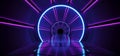 Sci-Fi Futuristic Abstract Gradient Blue Purple Pink Neon Glowing Circle Round Corridor On Reflection Concrete Floor Dark