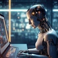 Sci-fi futuristic AI android operates a keyboard while watching a monitor