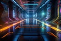 Sci-fi futuristic background wall tunnel with glowing neon multi color light effects Generative AI Illustration