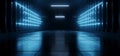 Sci Fi Futuristic Blue Cyber Modern Neon Led Arrow Shaped Lights Catwalk Tunnel Garage Corridor Warehouse Underground Grunge