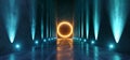 Sci Fi Futuristic Circle Background Orange Blue Neon Light Big Huge Dark Empty Grunge Concrete Long Hall Gallery Room Tunnel Royalty Free Stock Photo