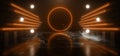 Sci Fi Futuristic Circle Wing Shaped Alien Modern Smoke Fog Neon Led Lights Orange Glowing Cyberpunk Concrete Dark Hallway Garage