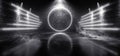 Sci Fi Futuristic Circle Wing Shaped Alien Modern Smoke Fog Neon Led Lights White Glowing Cyberpunk Concrete Dark Hallway Garage