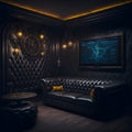 Sci Fi Futuristic Cozy Wooden Forest Cabin House Living Room Steampunk Details Cables And Lights And Retro Leather Sofa Couch In Royalty Free Stock Photo