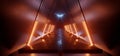 Sci Fi Futuristic Cyber Alien Triangle Orange Glowing Laser Neon Lights Corridor Hallway Tunnel Metal Concrete Tiles Realistic Royalty Free Stock Photo