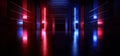 Sci FI Futuristic Cyber Grunge Concrete Laser Neon Glowing Purple Blue Corridor Tunnel Brick Walls Showroom Podium Night Light