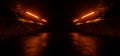 Sci Fi Futuristic Cyber Vibrant Orange Beams Neon Laser Lights On Dark Underground Tunnel Corridor Warehouse Garage Hangar Alien