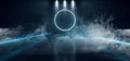 Sci Fi Futuristic Dark Reflective Concrete Neon Glowing Blue Circle Shaped Light With Stripe Light Leds Bright With Smoke And Fog