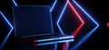 Sci Fi Futuristic Laptop Portable Computer Gaming Working Empty Screen Red Blue Glowing Laser Neon Light Beams Reflective Floor