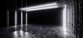 Sci-FI Futuristic Modern Dark Stage Structure On Concrete Wet Floor With White Glowing Neon Tube Lights Empty Space Wallpaper