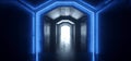 Sci Fi Futuristic Neon Blue Lights Glowing Lasers Tunnel Room Underground Spaceship Dark Empty Grunge Concrete Reflective Virtual Royalty Free Stock Photo