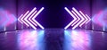 Sci Fi Futuristic Neon Glowing Purple Blue Arrows Dark Long Tall Hallway Concrete Grunge Path Blue White Lights Atmospheric Night Royalty Free Stock Photo