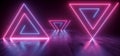 Sci Fi Futuristic Neon Lights Triangle Shaped Vibrant  Purple Blue Glowing On Grunge Concrete Floor Ceiling Underground Garage Royalty Free Stock Photo