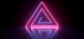 Sci Fi Futuristic Neon Lights Triangle Shaped Vibrant  Purple Blue Glowing On Grunge Concrete Floor Ceiling Underground Garage Royalty Free Stock Photo