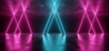 Sci Fi Futuristic Neon Lights Triangle Shaped Vibrant  Purple Blue Glowing On Grunge Concrete Floor Ceiling Underground Garage Royalty Free Stock Photo