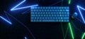 Sci Fi Futuristic Reflection Keyboard Mouse Blue Violet Green Purple Neon Laser Glowing Gaming Room Light Showcase Closeup Ground