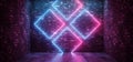 Sci Fi Futuristic Retro Modern Elegant Abstract Rectangle Crossed Neon Shapes Glowing Purple Blue Pink On Grunge Brick Wall Club