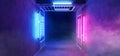 Sci Fi Futuristic Retro Modern Neon Gowing Purple Blue Lights With Rectangle Shaped Metal Structure Stage Tunnel Corridor With Royalty Free Stock Photo