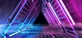 Sci Fi Futuristic Smoke Fog Neon Glowing Purple Blue Triangle Shaped Tunnel Corridor With Metal Structures And Dark End Vibrant