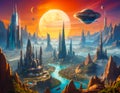 Sci-fi futuristic technology metropolis skyline with multiple planets floating in space, Royalty Free Stock Photo