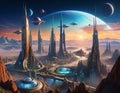 Sci-fi futuristic technology metropolis skyline with multiple planets floating in space, Royalty Free Stock Photo
