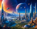 Sci-fi futuristic technology metropolis skyline with multiple planets floating in space, Royalty Free Stock Photo