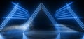 Sci Fi Futuristic Triangle Shaped Alien Modern Smoke Fog Neon Led Lights Blue Glowing Cyberpunk Concrete Dark Hallway Garage