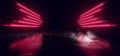 Sci Fi Futuristic Wing Shaped Alien Modern Smoke Fog Neon Led Lights Purple Red Glowing Cyberpunk Concrete Dark Hallway Garage