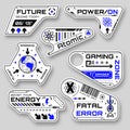 Sci Fi geometric stickers. Futuristic shapes in different forms. Badges in cyberpunk style with funny inscriptions