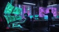 Sci-fi hacker workspace, glowing monitors with data streams Royalty Free Stock Photo