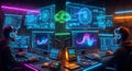 Sci-fi hacker workspace, glowing monitors with data streams Royalty Free Stock Photo