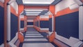 Sci-fi hangar. White futuristic panels with orange accents. Spaceship corridor with light. 3d Illustration