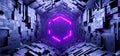 Sci-fi hexagonal empty tunnel with glowing neon hexagon sign background