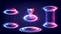 Sci-fi high-technology stage collection in red and blue glowing HUD. Hologram portal swirl light of science futuristic. Magic warp