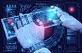 Sci fi Hologram control panel dashboard in HUD style. Robot cyborg typing on keyboard. Futuristic background. 3d illustration.