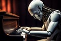 Sci-fi humanoid AI robot android plays piano robotic fingers touch stylish musical instrument. Technological harmony