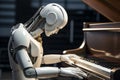 Sci-fi humanoid AI robot android plays piano robotic fingers touch stylish musical instrument. Technological harmony