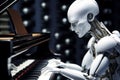 Sci-fi humanoid AI robot android plays piano robotic fingers touch stylish musical instrument. Technological harmony