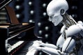 Sci-fi humanoid AI robot android plays piano robotic fingers touch stylish musical instrument. Technological harmony