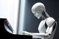 Sci-fi humanoid AI robot android plays piano robotic fingers touch stylish musical instrument. Technological harmony