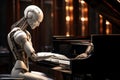 Sci-fi humanoid AI robot android plays piano robotic fingers touch stylish musical instrument. Technological harmony