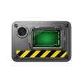 Sci- Fi Industrial Control Panel with Green Grid Display and Warning Stripes sci-fi futuristic Royalty Free Stock Photo