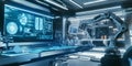 A sci-fi inspired 3D background featuring a sleek, high-tech laboratory with holographic displays