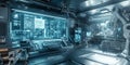 A sci-fi inspired 3D background featuring a sleek, high-tech laboratory with holographic displays