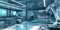 A sci-fi inspired 3D background featuring a sleek, high-tech laboratory with holographic displays