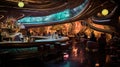 Sci-fi interior of futuristic space bar or saloon with neon cyberpunk decorations. Generated AI.