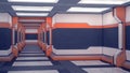 Sci-fi Interior spacecraft. White futuristic panels with orange accents. Spaceship corridor with light. 3d Illustration
