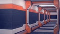 Sci-fi Interior spaceship. White futuristic walls with orange beams. Spaceship corridor with light. 3d Illustration